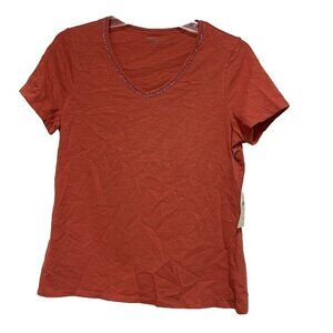 Coldwater Creek T-Shirt Women's XS Beaded Tee Short Sleeve Embellished Rust Oran